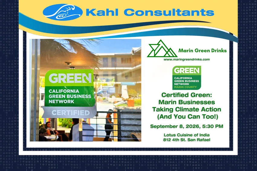 Kahl Consultants - September Marin Green Drinks - Updated - Badge on a business window logo and text.